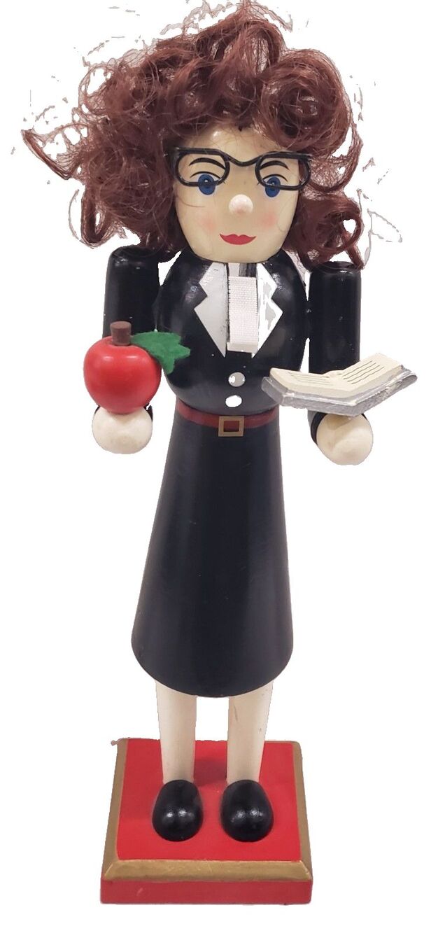 Wooden Christmas Nutcracker, 10", WHITE FEMALE TEACHER WITH A BOOK & AN APPLE,DG
